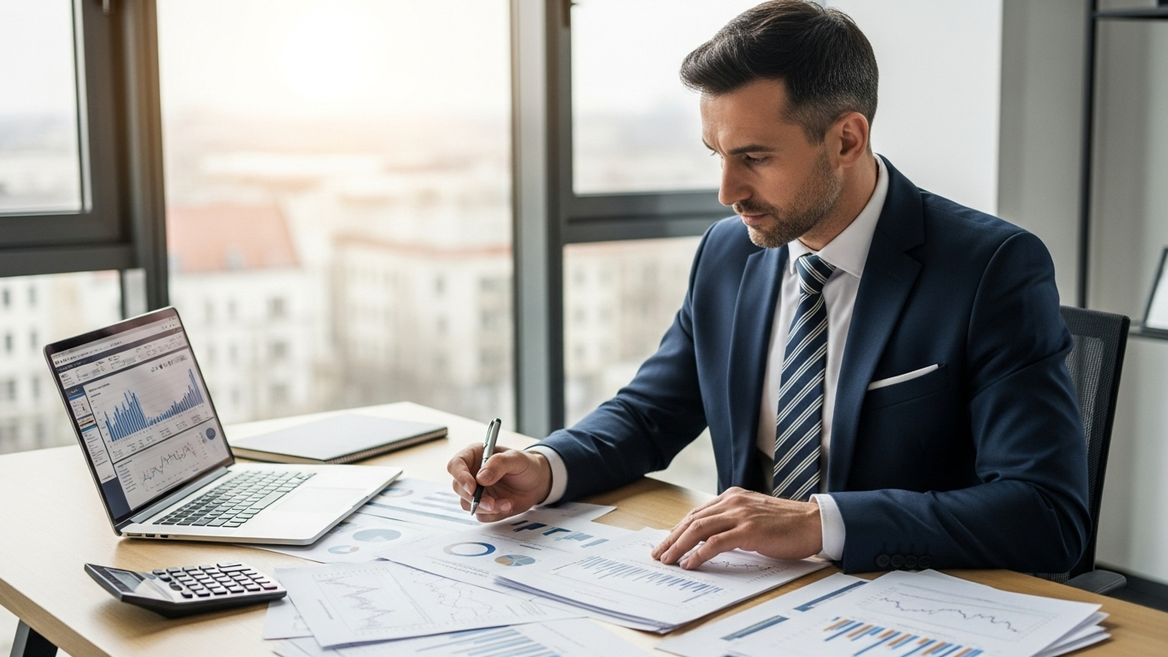 Accountant reviewing property management financial reports